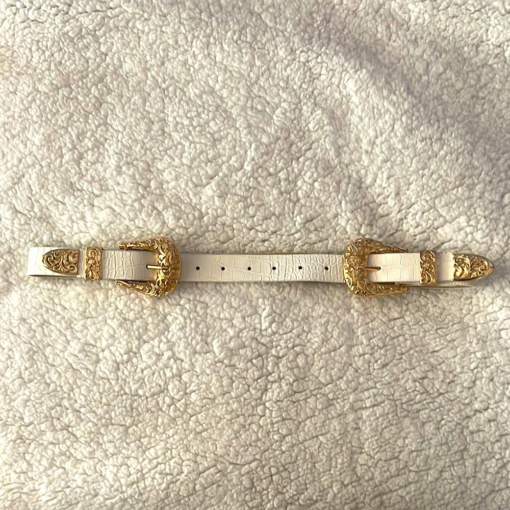 Western White Faux Croc Belt with Gold Accents